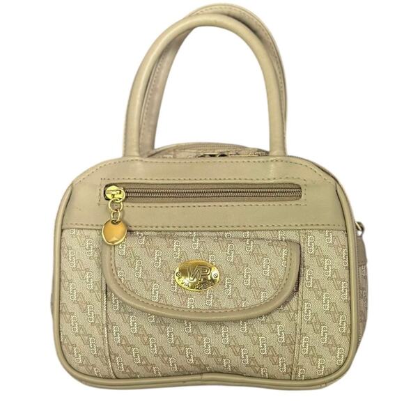 Via Prima Small structured Top Handle Handbag Neutral beige brown gold hardware - Picture 1 of 10
